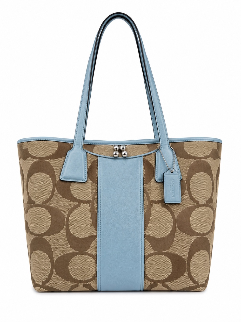 Coach 13533 Signature Jacquard Kisslock Tote Khaki Brown Blue Leather Bag